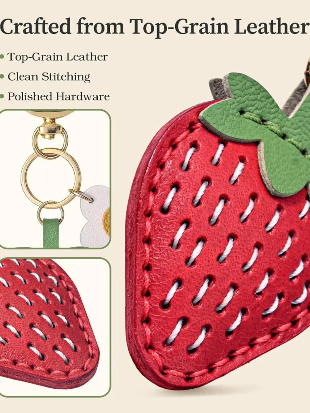 Handmade Double-Sided Strawberry Bag Charm | Top-Grain Leather Purse Accessory